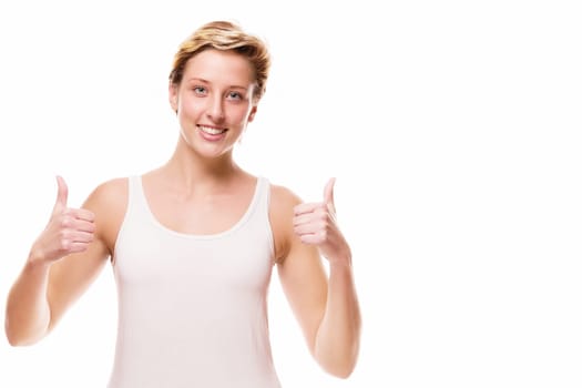 Laughing woman gives thumbs up on a white background