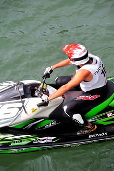 Ales - France - on July 14th, 2013 - Championship of France of Jet Ski on the river Gardon. Hervé Partouche before the departure of the race