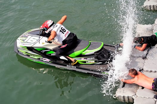 Ales - France - on July 14th, 2013 - Championship of France of Jet Ski on the river Gardon. Hervé Partouche before the departure of the race