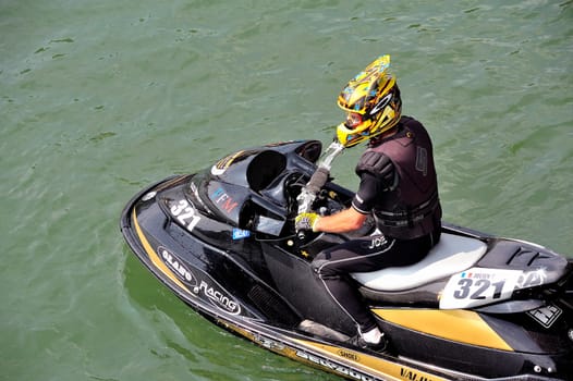 Ales - France - on July 14th, 2013 - Championship of France of Jet Ski on the river Gardon. Julien Cyril right before the departure of the race