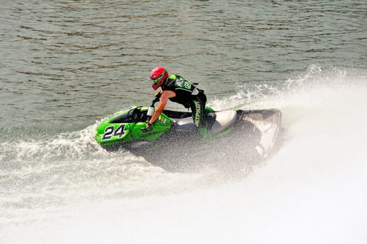 Ales - France - on July 14th, 2013 - Championship of France of Jet Ski on the river Gardon. Arrival in tight turn