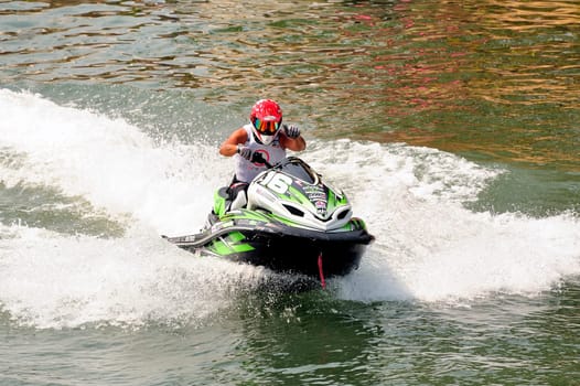 Ales - France - on July 14th, 2013 - Championship of France of Jet Ski on the river Gardon. Hervé Partouche on the happy finishing line to have made a good time