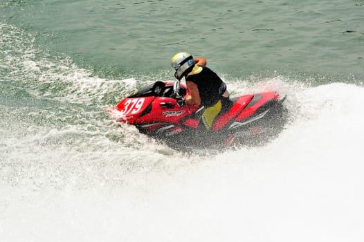 Ales - France - on July 14th, 2013 - Championship of France of Jet Ski on the river Gardon. Arrival in tight turn