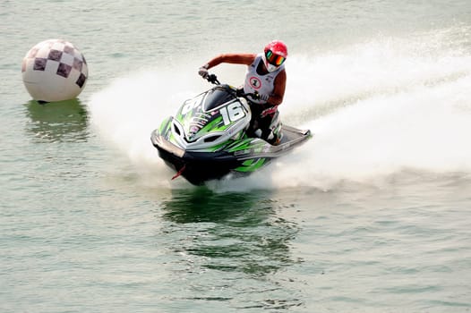 Ales - France - on July 14th, 2013 - Championship of France of Jet Ski on the river Gardon. Hervé Partouche in full speed on the finishing line