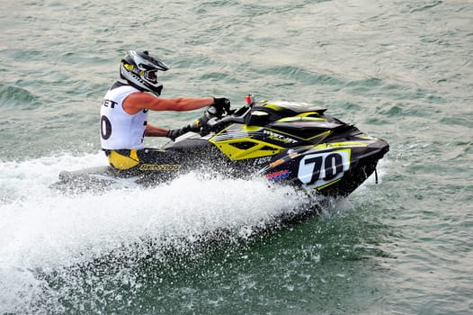 Ales - France - on July 14th, 2013 - Championship of France of Jet Ski on the river Gardon. Before the departure, the installation