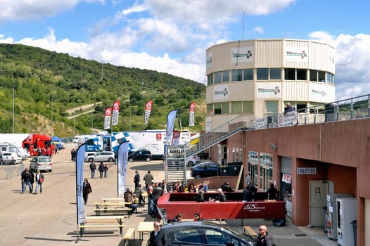 Ales - France - Grand Prix of France trucks May 25th and 26th, 2013 on the circuit of the Cevennes. trucks and stands of the competitors for the assistance and promotion.