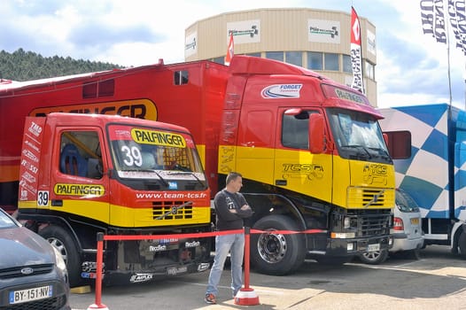 Ales - France - Grand Prix of France trucks May 25th and 26th, 2013 on the circuit of the Cevennes. trucks and stands of the competitors for the assistance and promotion.