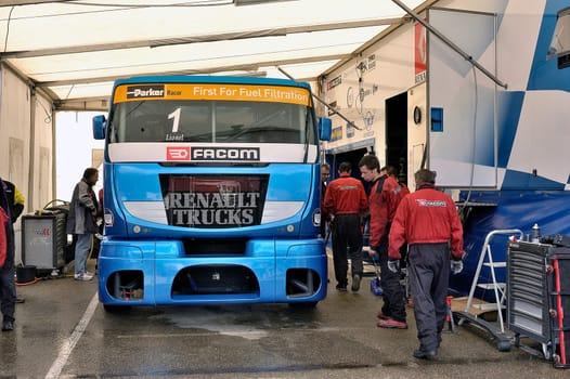 Ales - France - Grand Prix of France trucks May 25th and 26th, 2013 on the circuit of the Cevennes. workshops of mechanics for the assistance of the trucks.