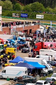 Ales - France - Grand Prix of France trucks May 25th and 26th, 2013 on the circuit of the Cevennes. trucks and stands of the competitors for the assistance and promotion.