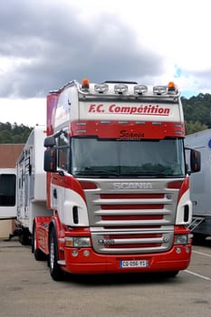 Ales - France - Grand Prix of France trucks May 25th and 26th, 2013 on the circuit of the Cevennes. trucks and stands of the competitors for the assistance and promotion.