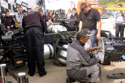 Ales - France - Grand Prix of France trucks May 25th and 26th, 2013 on the circuit of the Cevennes. workshops of mechanics for the assistance of the trucks.