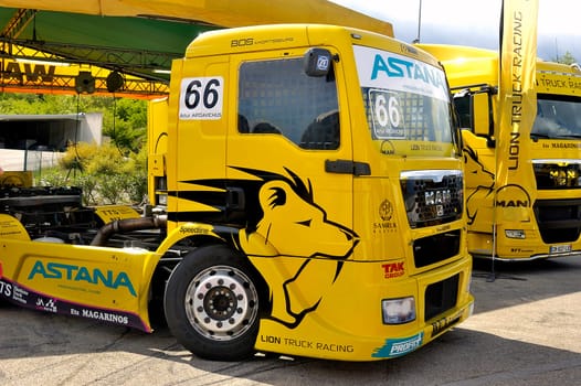 Ales - France - Grand Prix of France trucks May 25th and 26th, 2013 on the circuit of the Cevennes. trucks and stands of the competitors for the assistance and promotion.
