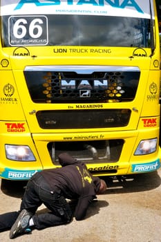 Ales - France - Grand Prix of France trucks May 25th and 26th, 2013 on the circuit of the Cevennes. workshops of mechanics for the assistance of the trucks.