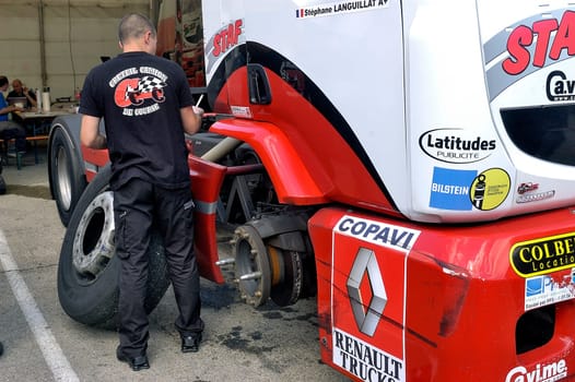Ales - France - Grand Prix of France trucks May 25th and 26th, 2013 on the circuit of the Cevennes. workshops of mechanics for the assistance of the trucks.