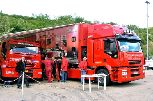 Ales - France - Grand Prix of France trucks May 25th and 26th, 2013 on the circuit of the Cevennes. trucks and stands of the competitors for the assistance and promotion.