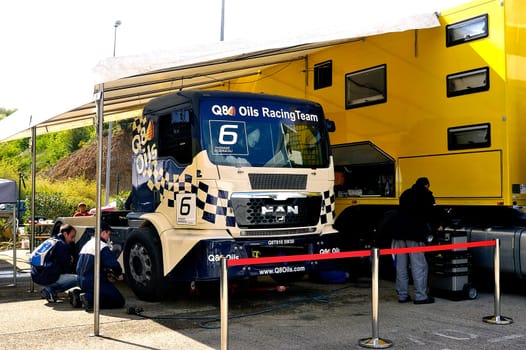 Ales - France - Grand Prix of France trucks May 25th and 26th, 2013 on the circuit of the Cevennes. workshops of mechanics for the assistance of the trucks.