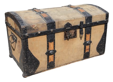 Old wooden trunk with metal elements isolated on white.