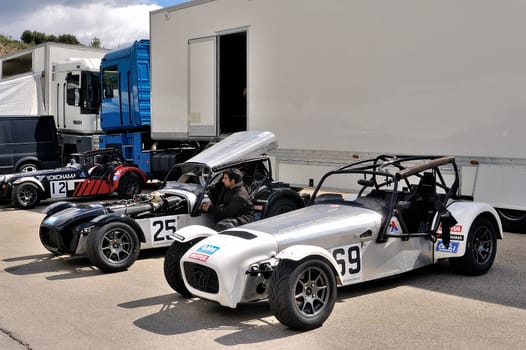 chases of Caterham on the circuit of the Cevennes with Ales in the French department of Gard the May 24th and 25th, 2013. The Caterham stands