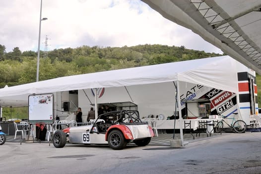 chases of Caterham on the circuit of the Cevennes with Ales in the French department of Gard the May 24th and 25th, 2013. The Caterham stands