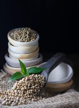 Cooking Spices, Coriander Seed on wooden spoon