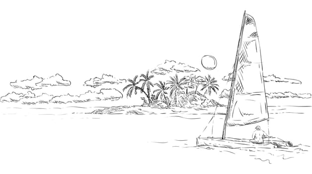vector - tropical island at sunset with catamaran