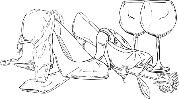 vector - clothes and rose lying on the floor after party
