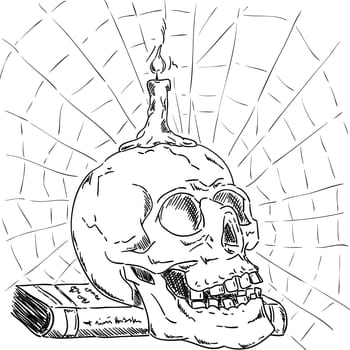 vector - Skull on book with candle and net ,isolated on background , hand draw