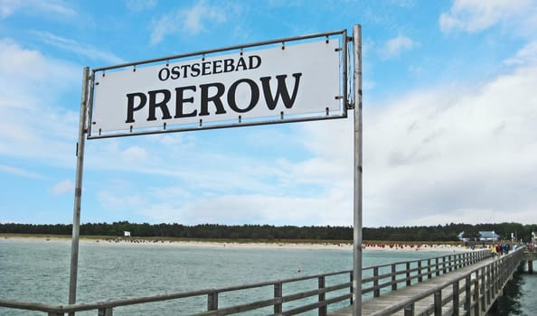 Pier sign in Prerow, bridge into the baltic sea, Fischland-Darss-Zingst