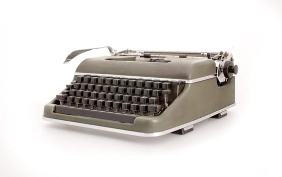 A military green old mechanical typewruter on a white backround