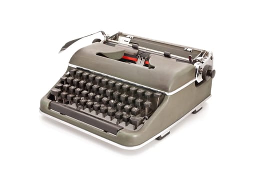 A military green old mechanical typewruter on a white backround