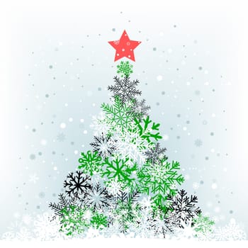 The color snow feer-tree with red star on the cerulean mesh background