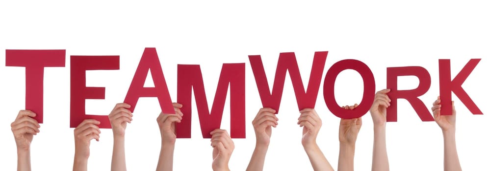 Many Hands Holding the Red Letters Teamwork, Isolated