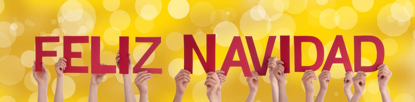 Many People Holding the Spanish Words Feliz Navidad on a Golden Background