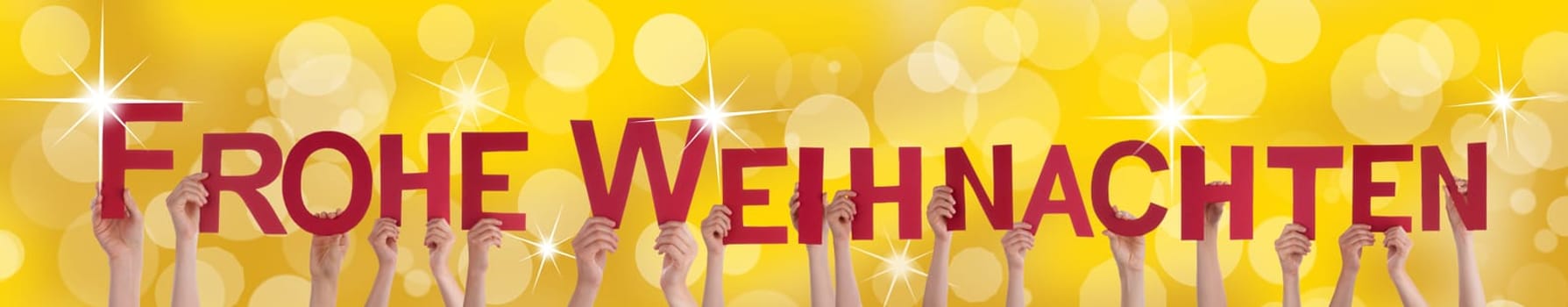 Many People Holding the German Words Frohe Weihnachten Which Means Merry Christmas on a Golden Background