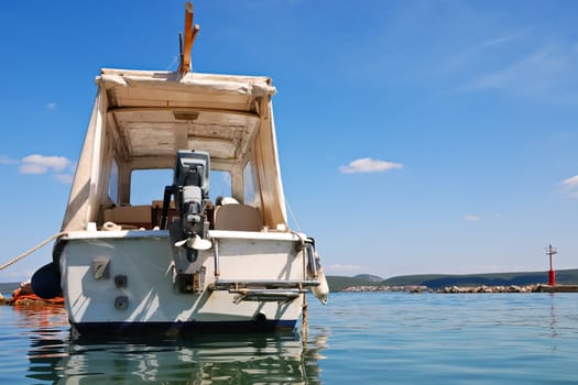 Motorboat is anchored in the bay