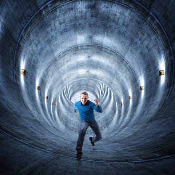 3d image of concrete tunnel and running man