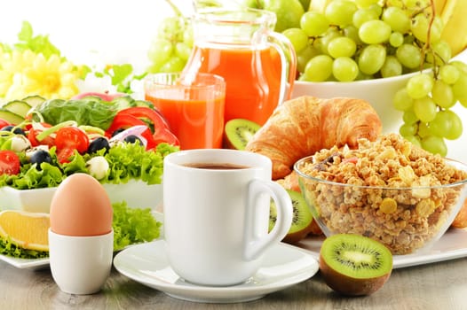Breakfast with coffee, juice, croissant, salad, muesli and egg. Swedish buffet