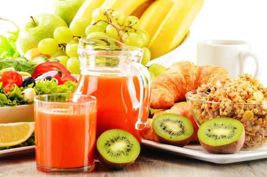 Breakfast with coffee, juice, croissant, salad, muesli and egg. Swedish buffet