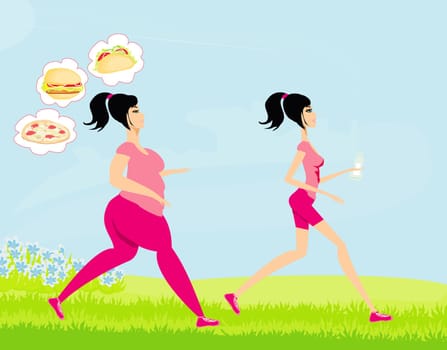 Young woman jogging,fat girl dreams of unhealthy eating, skinny girl drinks mineral water