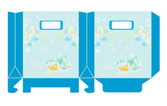 Decorative gift box with Christmas balls ,birds and winter landscape