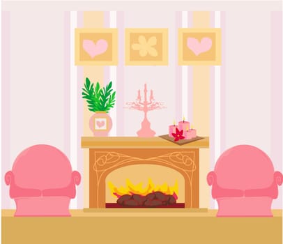 the interior of the fireplace in the center of the composition