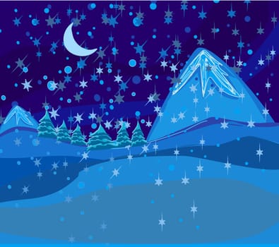 Beautiful wintry landscape with night sky, mountains and light moon