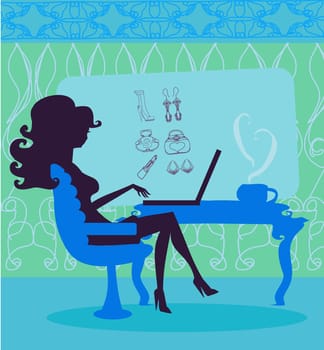 Online shopping - young smiling woman sitting with laptop