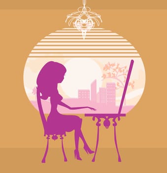 Online shopping - young smiling woman sitting with laptop computer