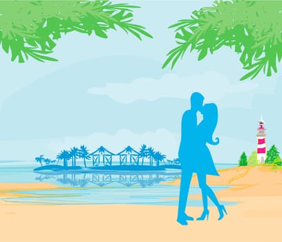 silhouette couple kissing on tropical beach