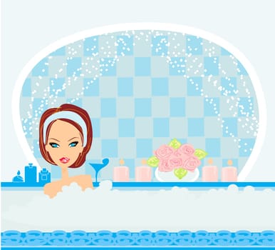 Woman bathing in bathtub in beautiful bathroom.
