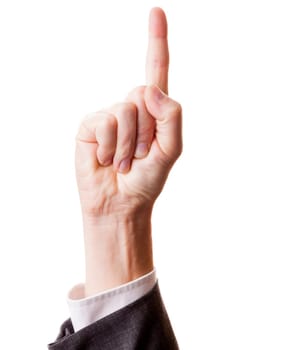 Hand with extended index finger pointing up isolated on white