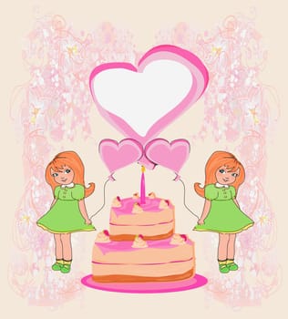 birthday invitation,girl holding balloons and a birthday cake with candles