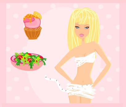 skinny girl measuring her waist and deciding between cupcakes or salad