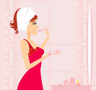 woman brushing her teeth in the bathroom